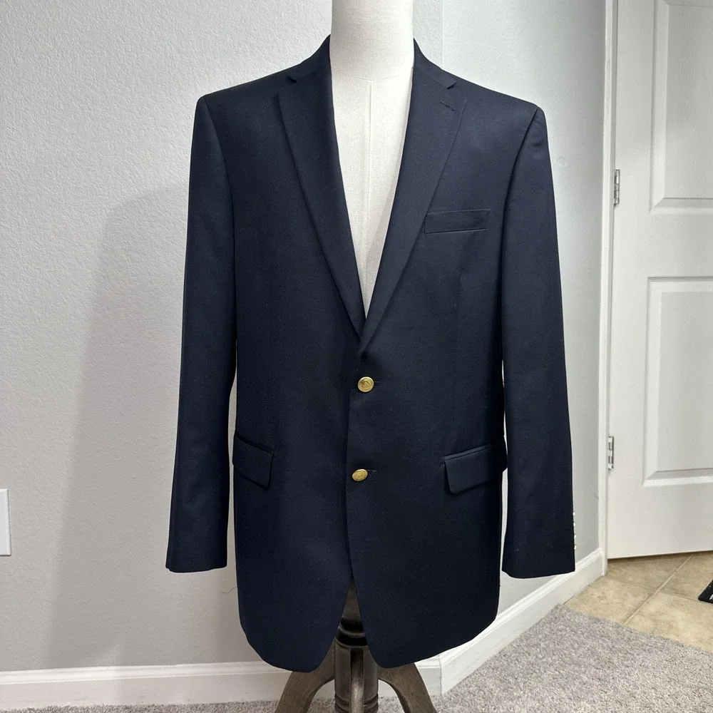 Chaps Blazer Men 44L Navy Blue Gold Button Twill Wool Blend Sport Coat
